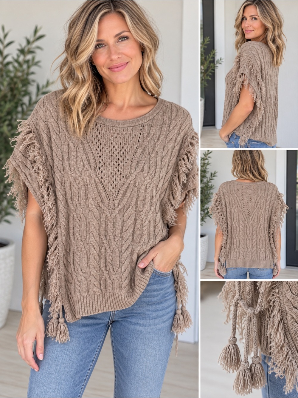 NY&Company Taupe Cable Knit Short Sleeve Fringe Sweater Boho